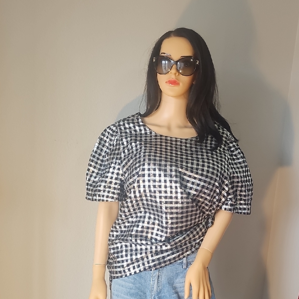 J. Crew Black and White Checkered Puff Sleeve Blouse